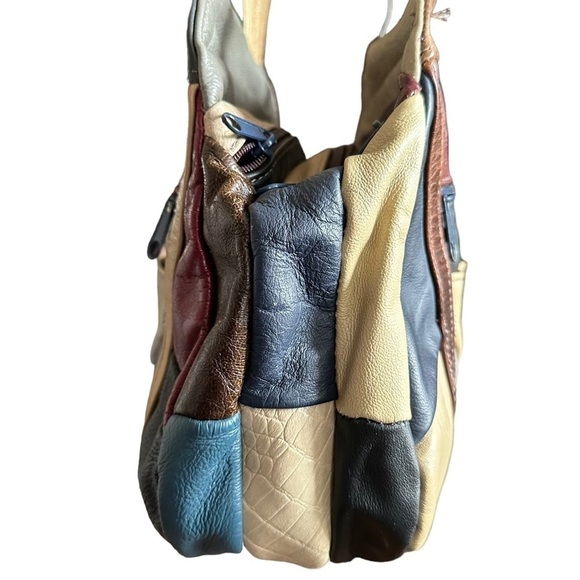 VINTAGE PATCHWORK COLORBLOCK LEATHER SHOULDER HOBO STRAP PURSE - Picture 4 of 14